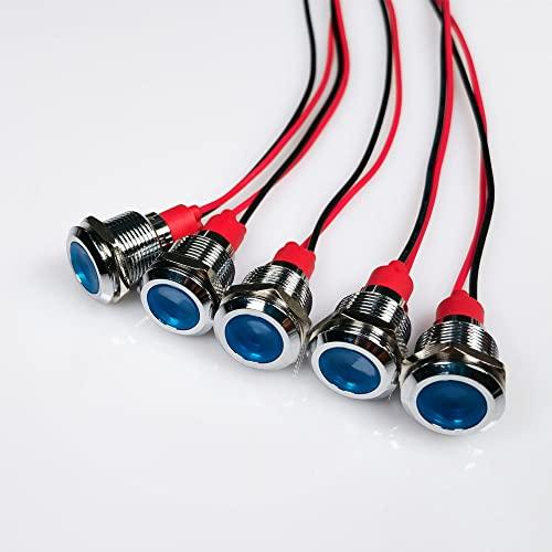 KILIGEN 5pcs 12mm AC/DC 12-24V LED Metal Indicator Lights Waterproof Signal Lamp Pilot Dash Directional with Wire (Blue)