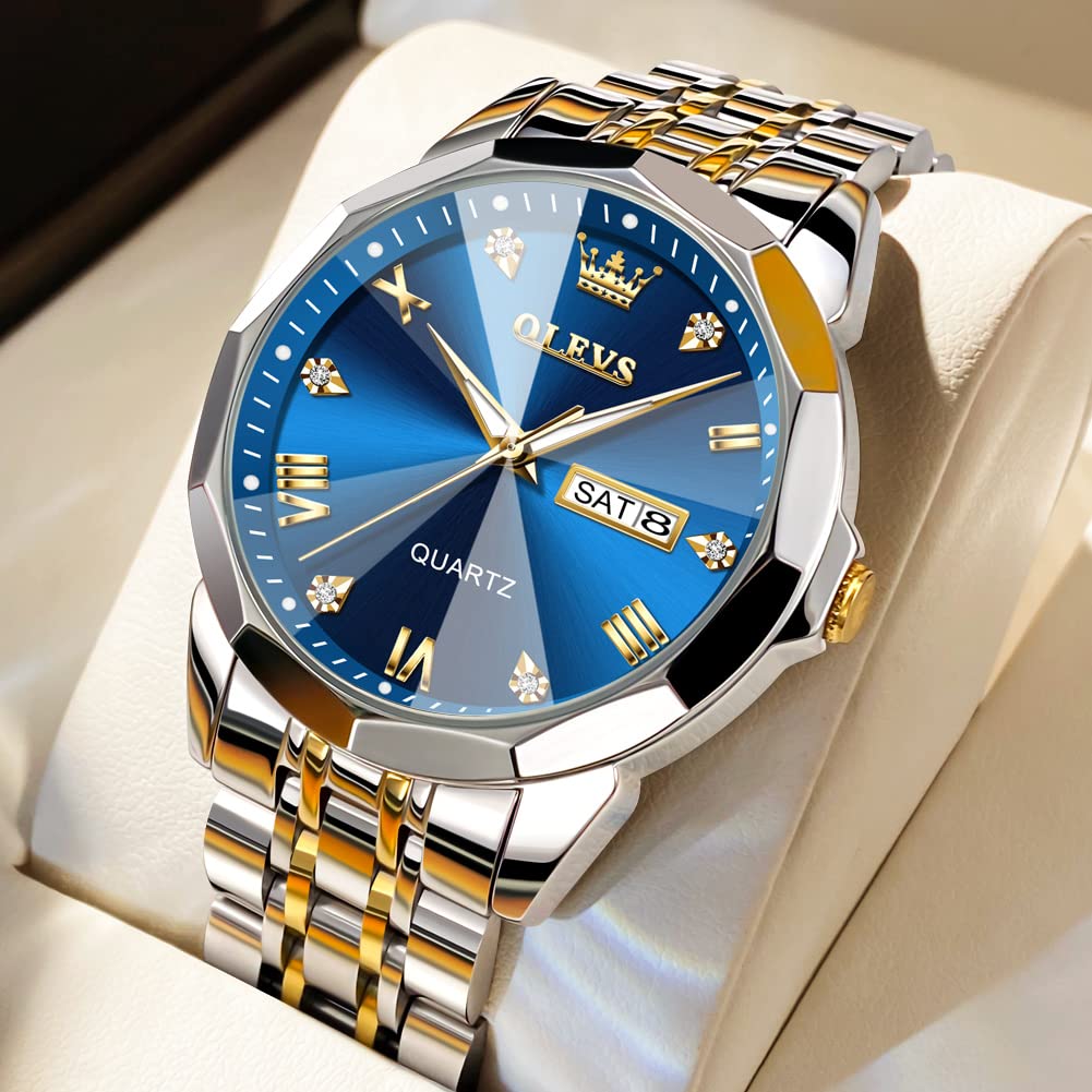 OLEVS Men's Stylish Quartz Watch, Waterproof, Simple Design, Diamond-Like Dial, Stainless Steel Band, Date Display, Luminous Design, Blue