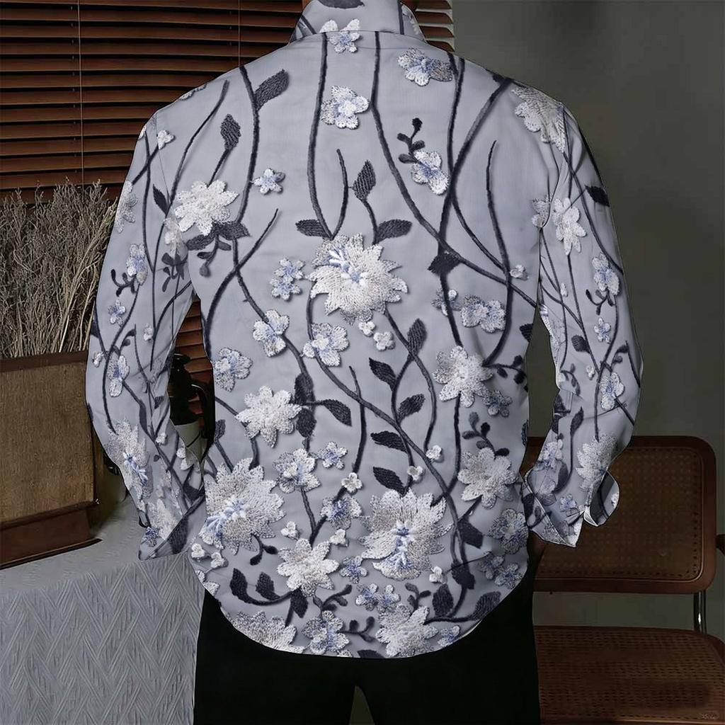 Men Collared Shirt Black Pink Floral White Star Print Long Sleeve Button Down Top