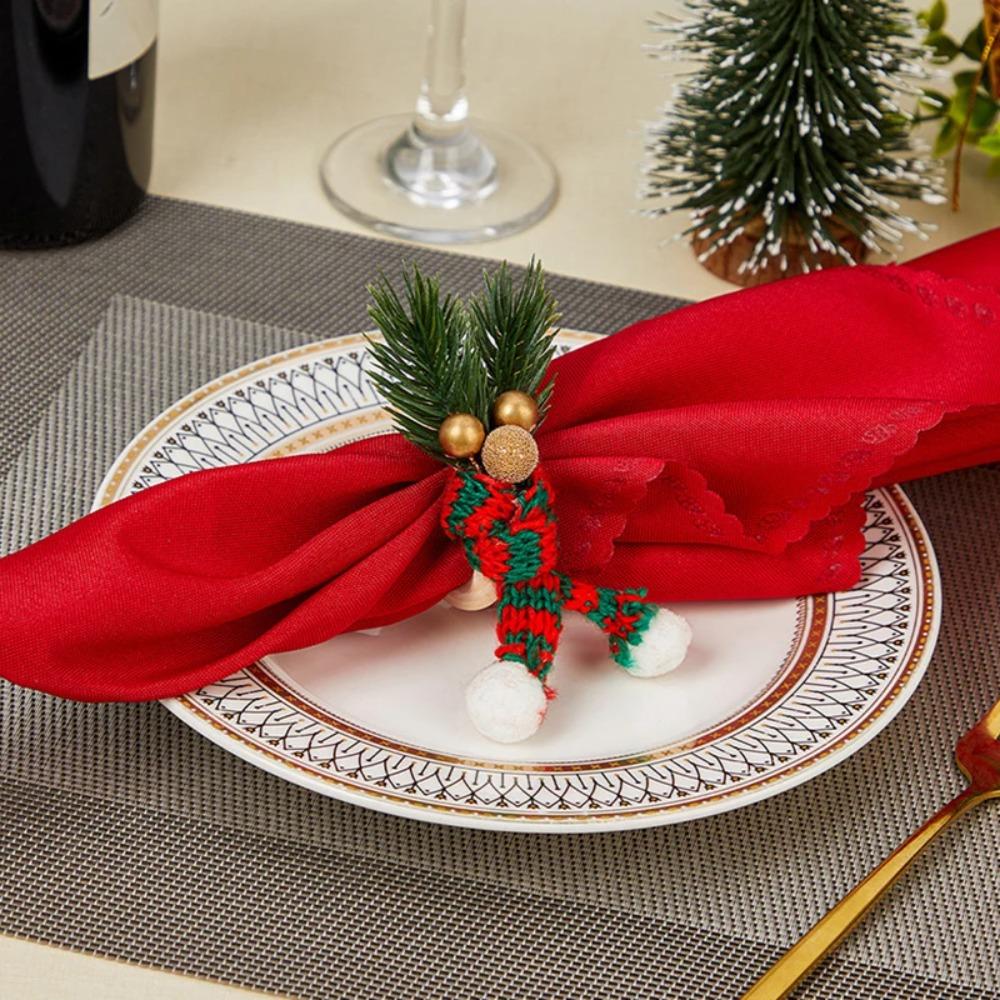 6 ks Dřevěný držák na ubrousky Ručně vyráběná spona na ubrousky Roztomilé vánoční čepice Kroužky na ubrousky Nový rok