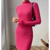 Autumn Winter Women Korean Fashion Simple Ribbed Knitted Dresses Elegant Half High Collar Long Sleeve Slim Basic Sweater Dress
