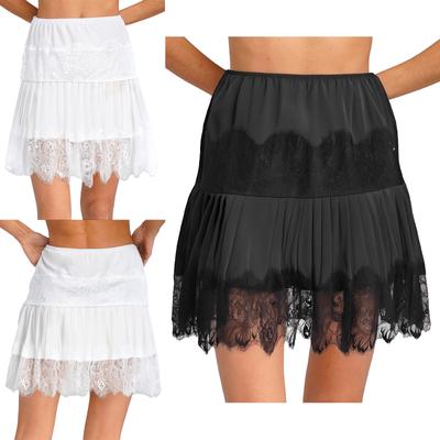 Damen Vintage Rock mit elastischer Taille Wimpernspitze Plisierter Saum Verlängerung Halbrock Unterrock zum Layern