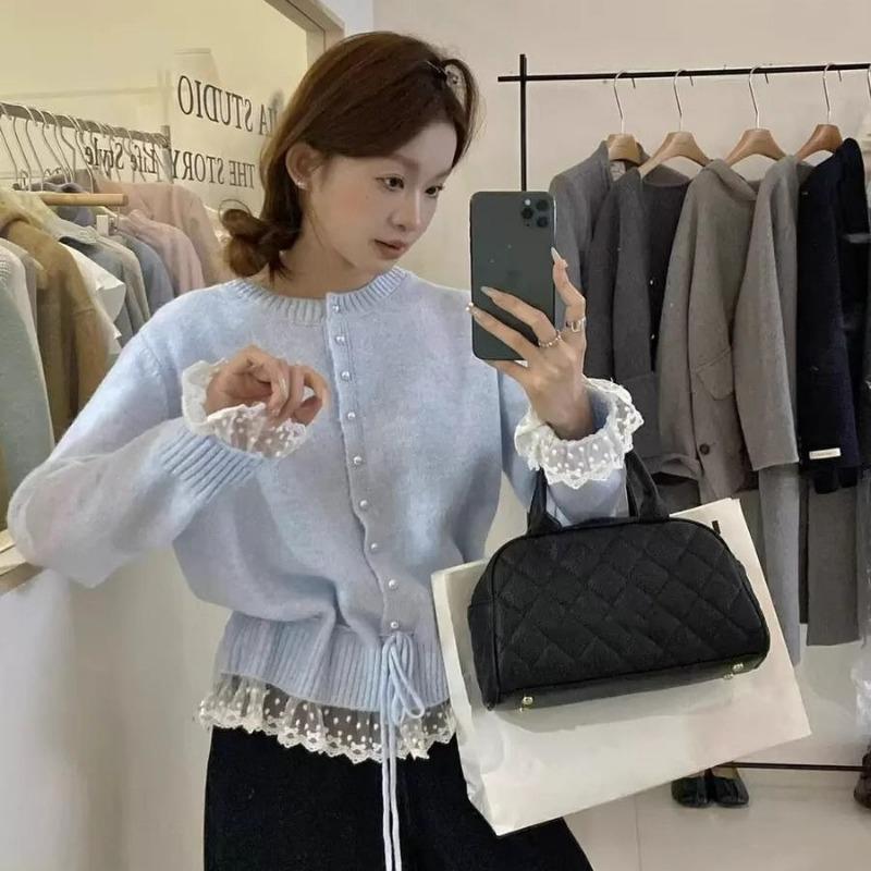 Korean Fashion Crew Neck Sweet Lace Waist Tuck-up Sweater Spring Autumn Knitted Cardigan Loose Slim Fit Top Elegant Casual Jackets Lace-up Clothing