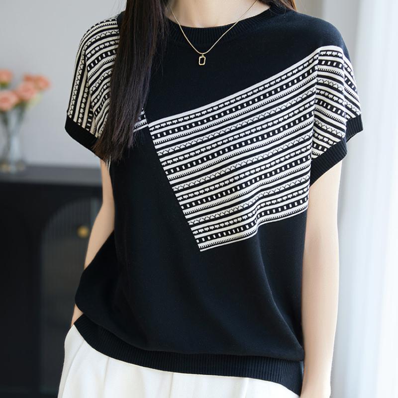 New Color-blocking Round-neck Knitted Short-sleeved Women's Loose, Slimming, Stylish, Casual and Versatile Top, Flying Sleeve T-shirt