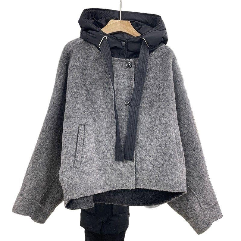 Весняно-осіння нова вовняна куртка Двостороння вовняна куртка З капюшоном Рукав "летюча миша" Коротка куртка з капюшоном Жіноча