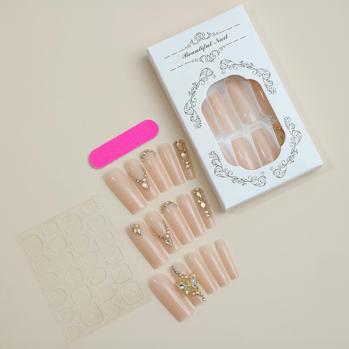 

Европейский и американский стиль носимые типсы для ногтей: Очень длинные, шампанского теплого оттенка накладные ногти со съемным дизайном в виде бабочки из страз