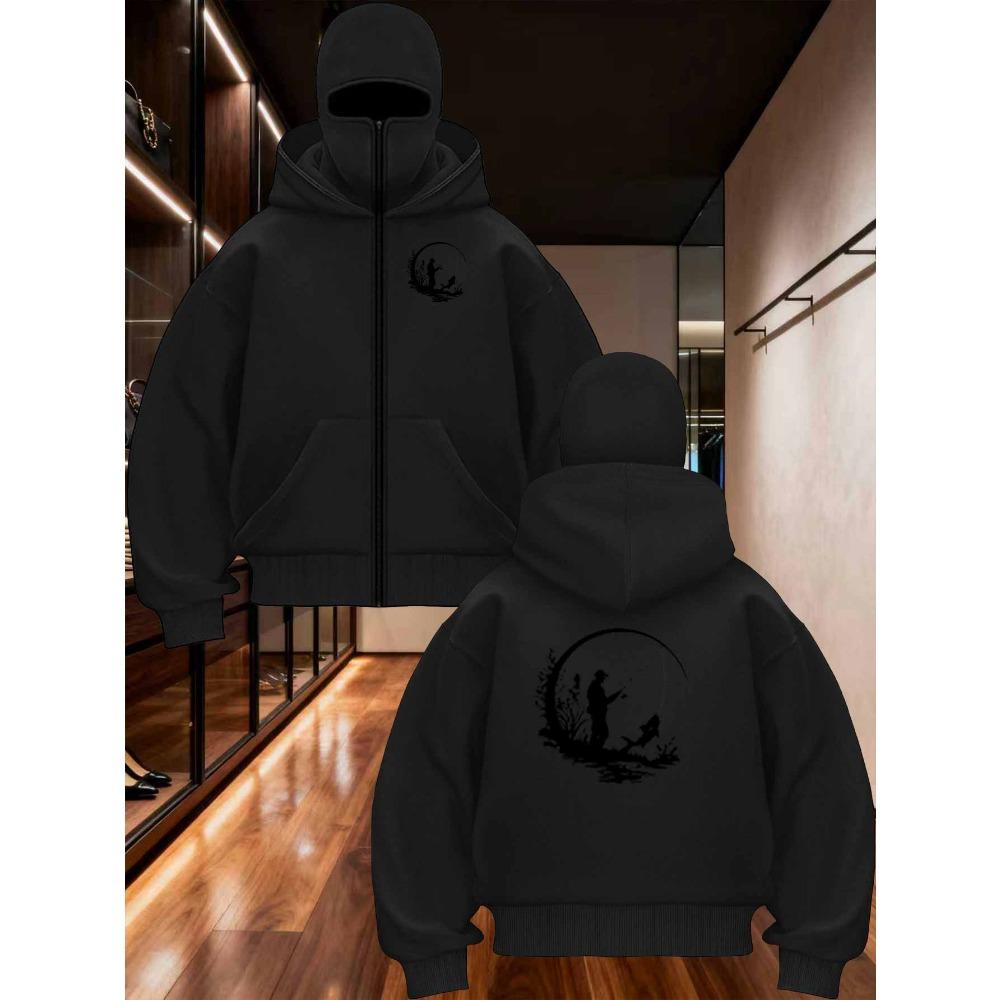 Men's Winter Hooded Zipper Jacket with Outdoor Fishing Print, Color Blocked Casual Sports Jacket, Loose Long Sleeved Sweatshirt