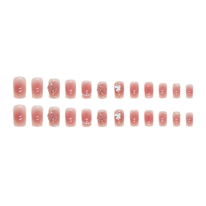 24 Pcs Gentle and Sweet Fairy Blush Bow Pearl Manicure Girl European and American Ins Wind Fake Nails Wear Nail