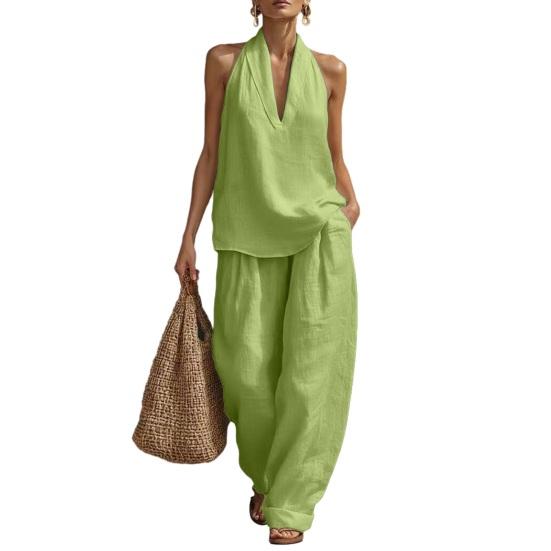 Completi due pezzi in cotone e lino da donna Top senza maniche con scollo a V e incrocio Pantaloni a gamba larga coordinati Outfit estivi per vacanze e relax