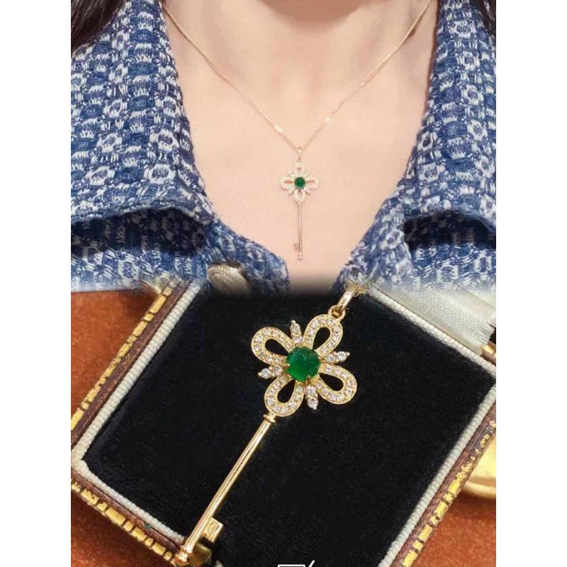 Emerald Iris Flower Pendant Necklace, 18K Gold-Plated Clavicle Chain