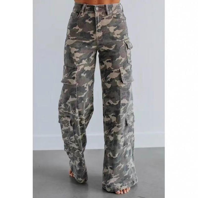 Women High Waist Camo Cargo Wide Leg Jeans Vintage Multi Pockets Non Stretch Denim Pants Streetwear Fall Long Trousers