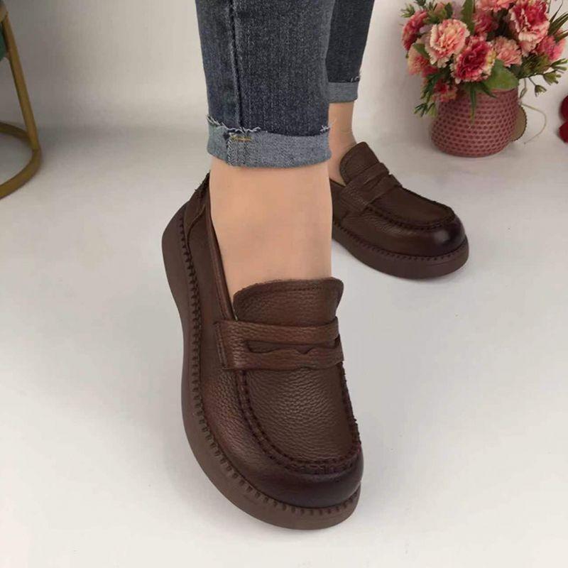 Versatile Leather Single Shoes Women's Spring New Retro One-pedal Shoes Middle-aged and Elderly Soft Soles