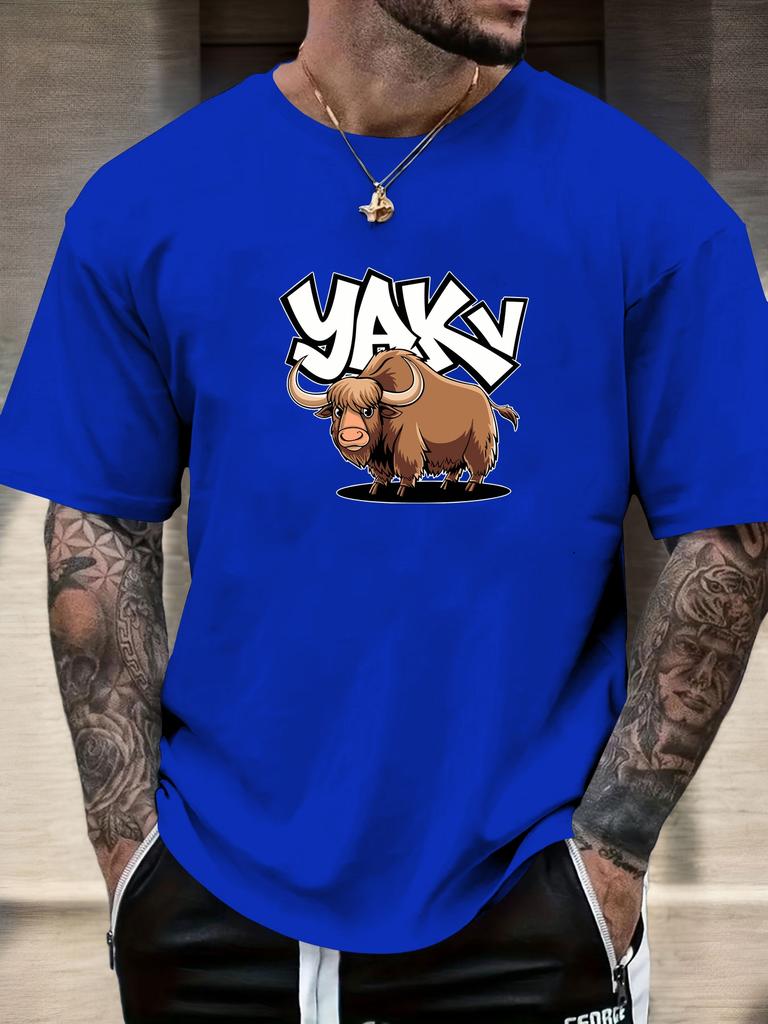 Mens Casual Tshirt Yak Cartoon Print Short Sleeve Round Neck Breathable Soft Oversized Fun Daily Wear Tee