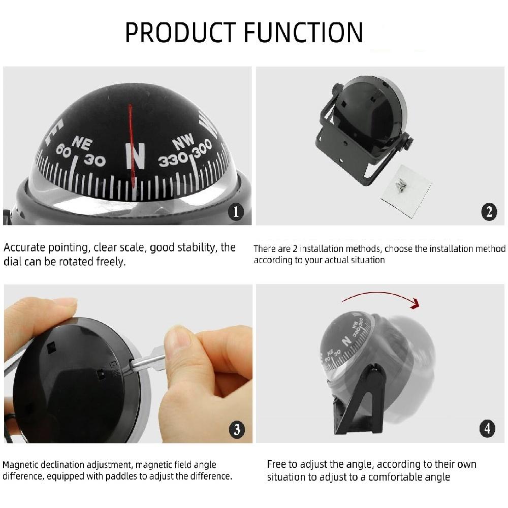  ABS Plastic Adjustable Boat Compass Dash Mount Electronic Navigation Marine Night Ball Compass For Boat, Truck, Caravan