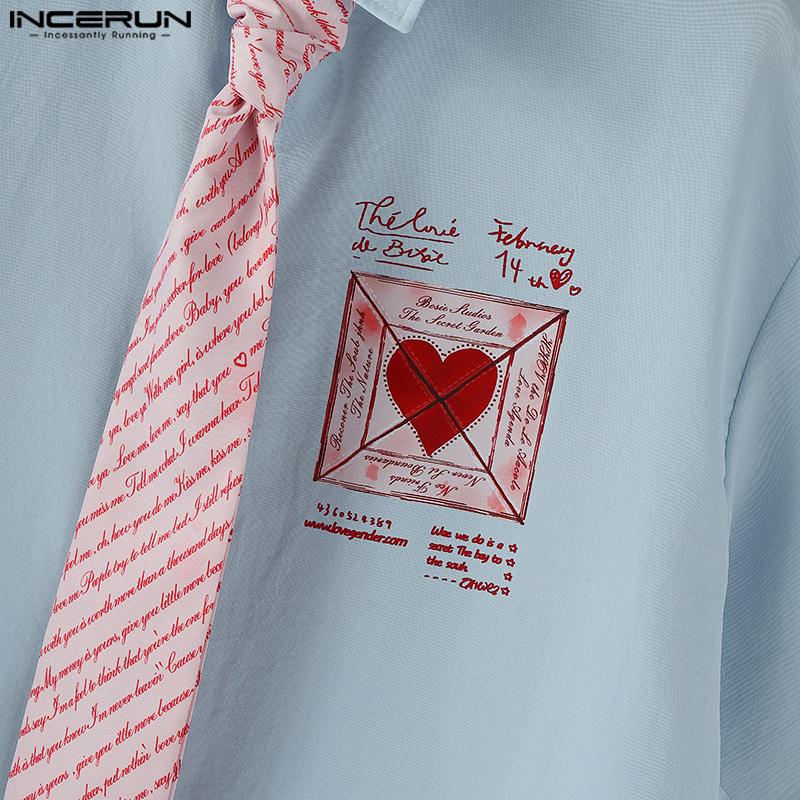INCERUN Oversized Men Casual Lapel Tie Neck Short Sleeve Print Shirts Tops