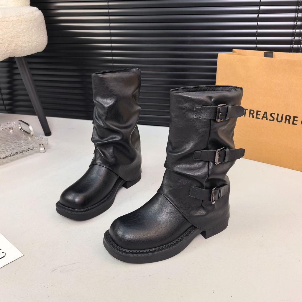 25-921 Retro Thick-heeled Medium Boots Knight Boots 2025 Spring and Autumn New Thin Piled Small Short Boots Niche Women's Shoes