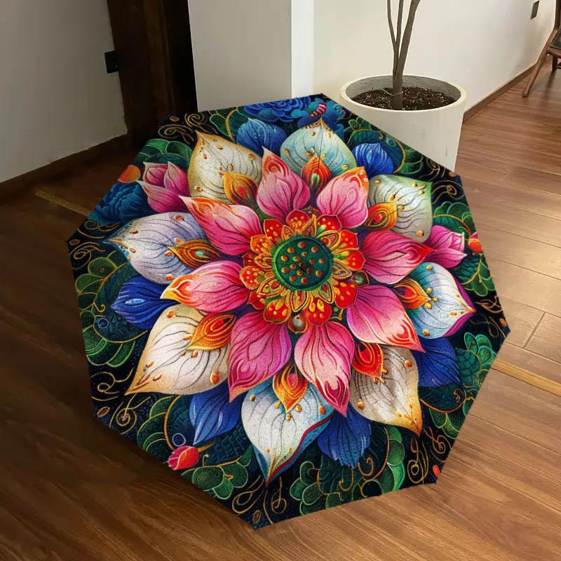 1pc Lotus Mandala Design Umbrella with Plastic Handle,Suitable for All Seasons Home Travel Outdoor UmbrellaDD583