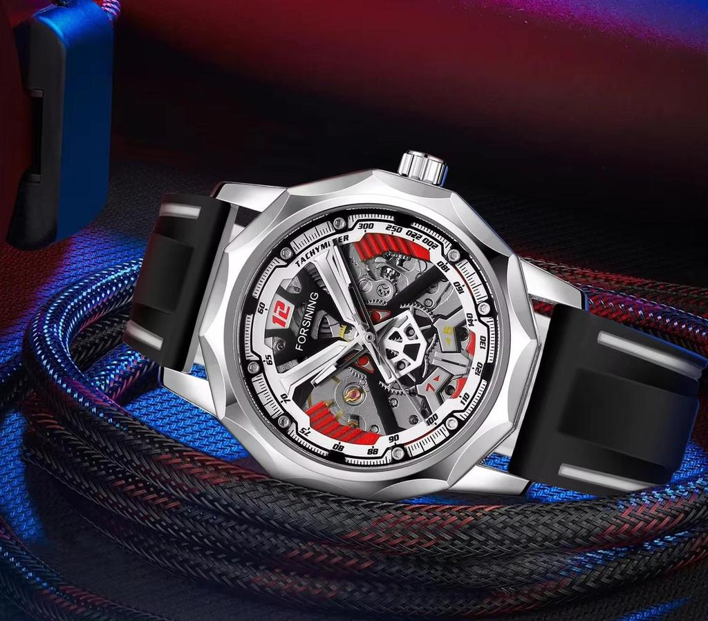 FORSINING Mens Watches Hand-winding Mechanical Skeleton Watch for Men Hollow Out Rubber Strap Waterproof Luminous Mens Wristwatch