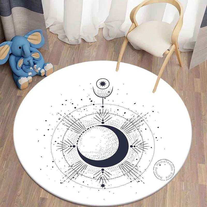 Mystery Constellation Printed Round Carpet Sun and Moon Living Room Rugs Camping Picnic Mats Anti-Slip Yoga Mat for Living Room