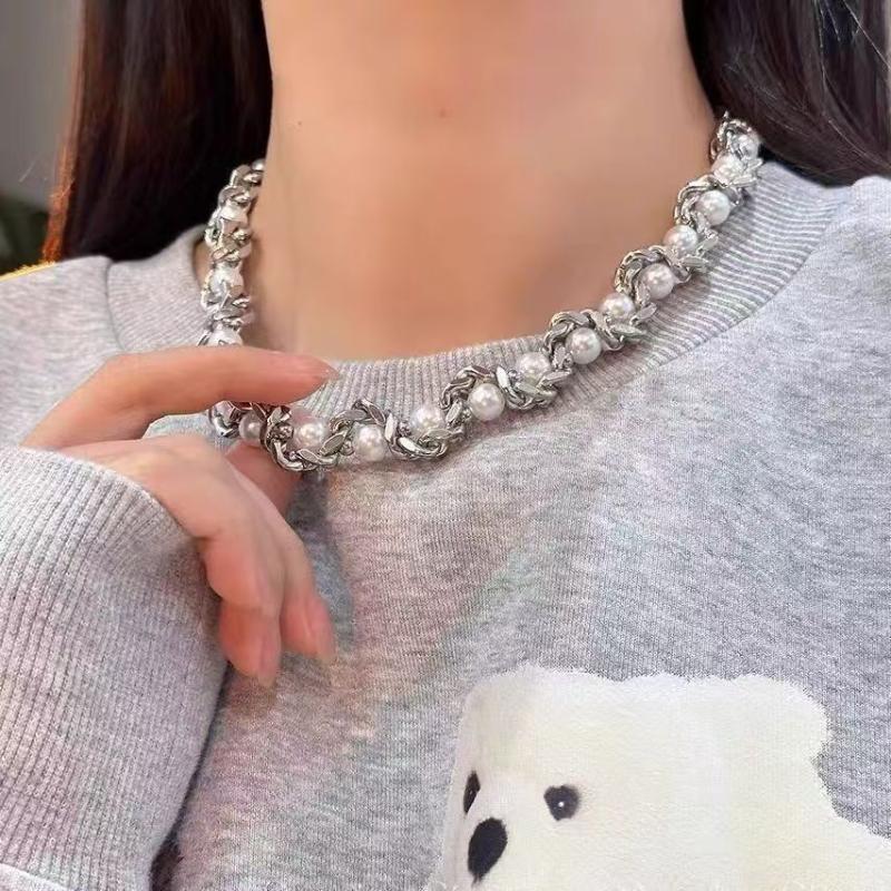 Punk Imitation Pearl Alloy Thick Chain Necklace Hip Hop Party Casual Business Jewelry Accessories Gift