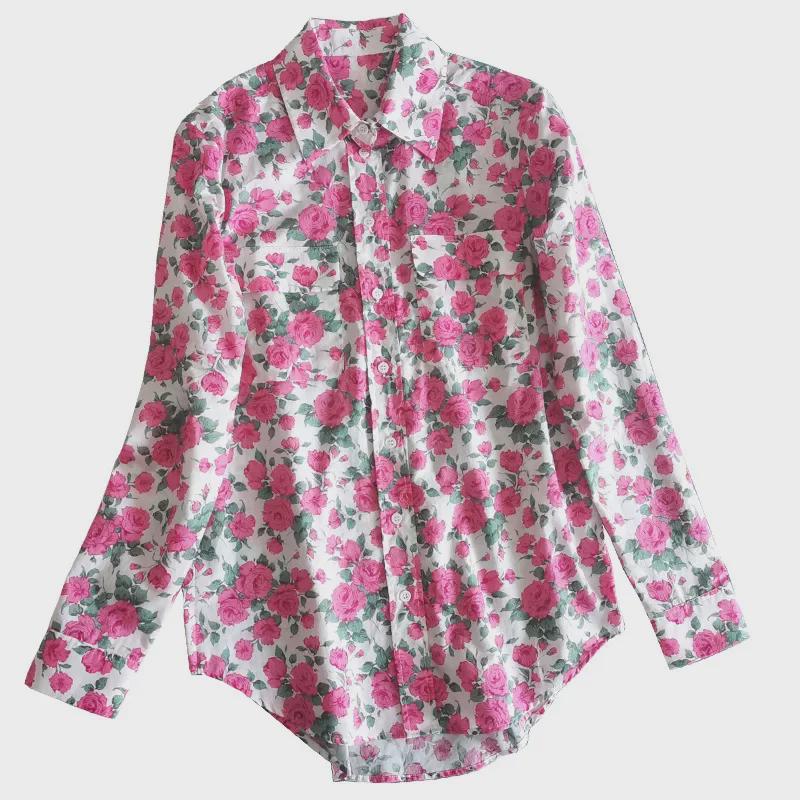 Retro Caroline Rose Print Cotton Long Sleeve Women's Shirt with Double Pockets