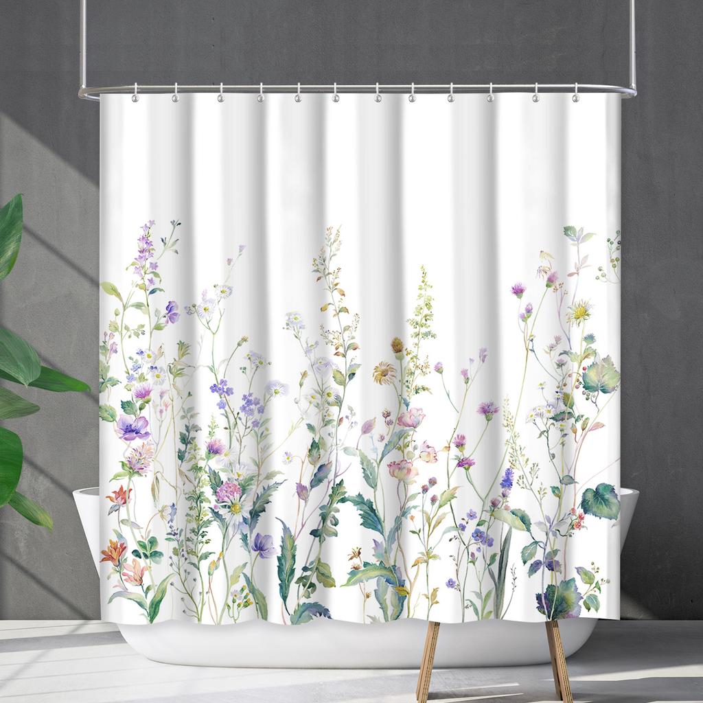 Green Plant Waterproof and Mildew-proof Polyester Bathroom Shower Curtain Shower Curtain Partition Curtain Free of Punching
