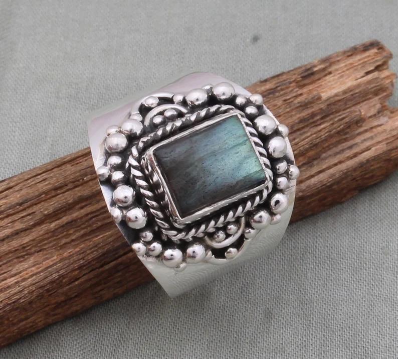 

Кольцо из стерлингового серебра 925 пробы с ларимаром, цельный камень, богемное кольцо, дизайн для женщин, идея подарка, ювелирные изделия с драгоценными камнями, около 4,95 г 10