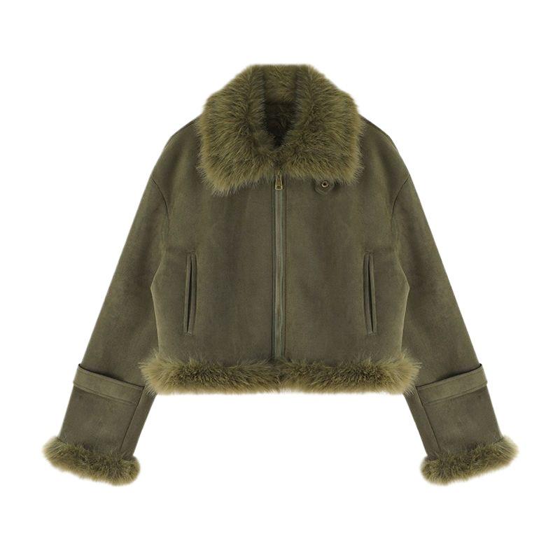 Women's 2025 Spring Shearling Suede Short Motorcycle Jacket - Slimming Korean Style