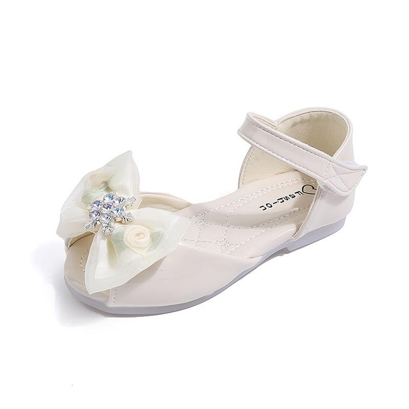 Girls' Rose Ribbon Bow and Rhinestone-Decorated Patent Leather Soft-Sole Princess Shoes / Fish-Mouth Children's Princess Sandals