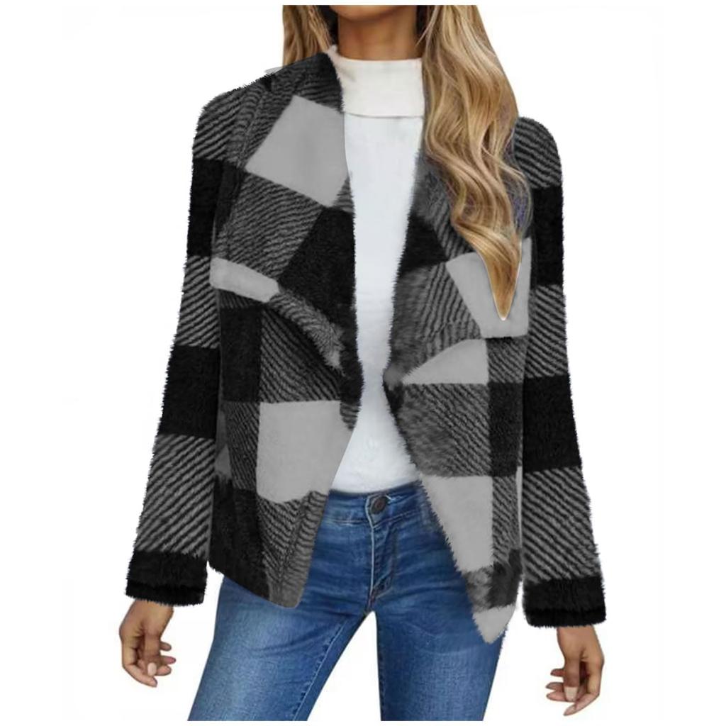 Ladies' Fashionable V Neck Long Sleeved Pocket Color Blocked Cardigan Flannel Warm Sleepwear Jacket