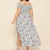 Plus Size Summer Dress Bohemian Casual Strapless Long Floral Printed One Neck Split Dress