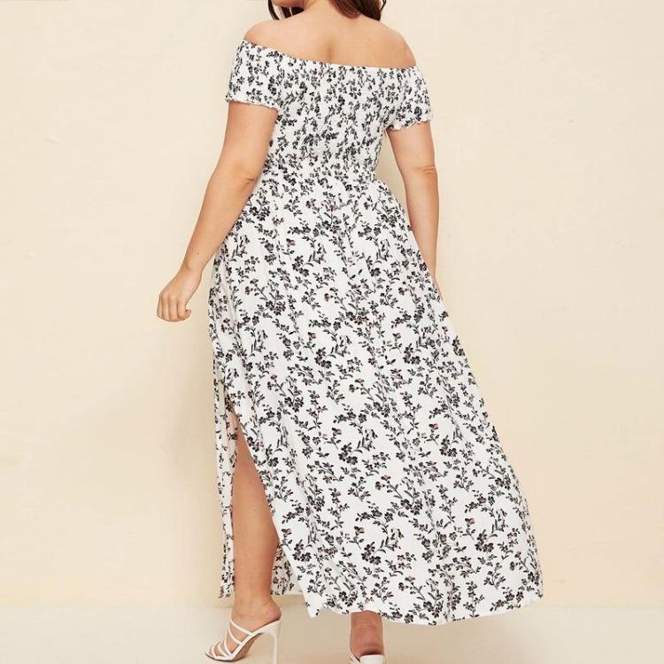 Plus Size Summer Dress Bohemian Casual Strapless Long Floral Printed One Neck Split Dress