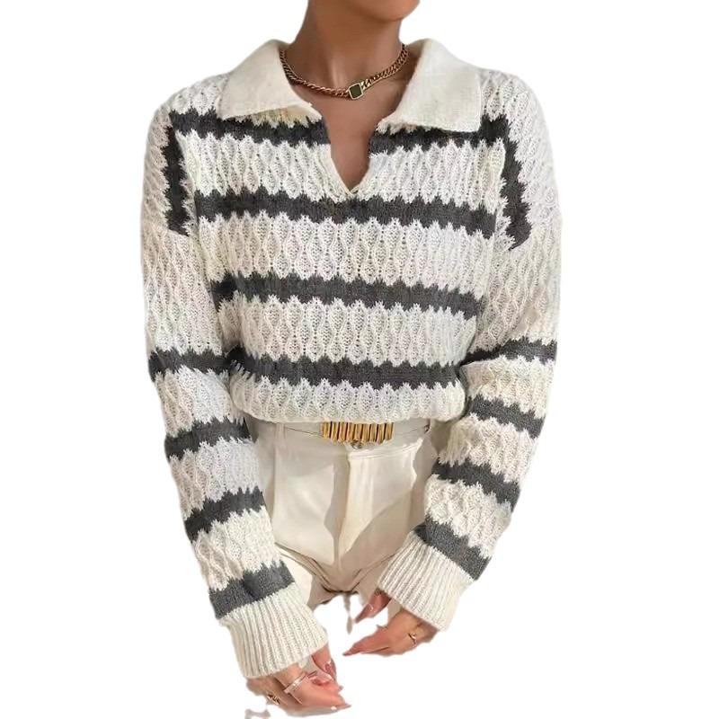 Women S Loose Striped Polo Neck Long Sleeve Knit Sweater