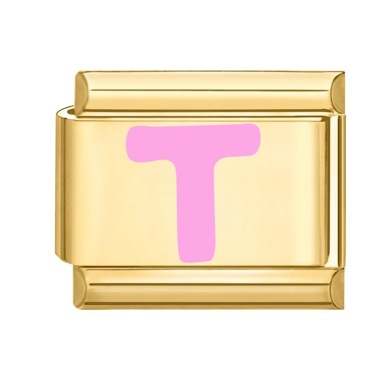 Vintage Y2K Pink 26 English Letters Gold Color Italian Charm Links Fit 9MM Bracelet Stainless Steel Making DIY Christmas Gifts