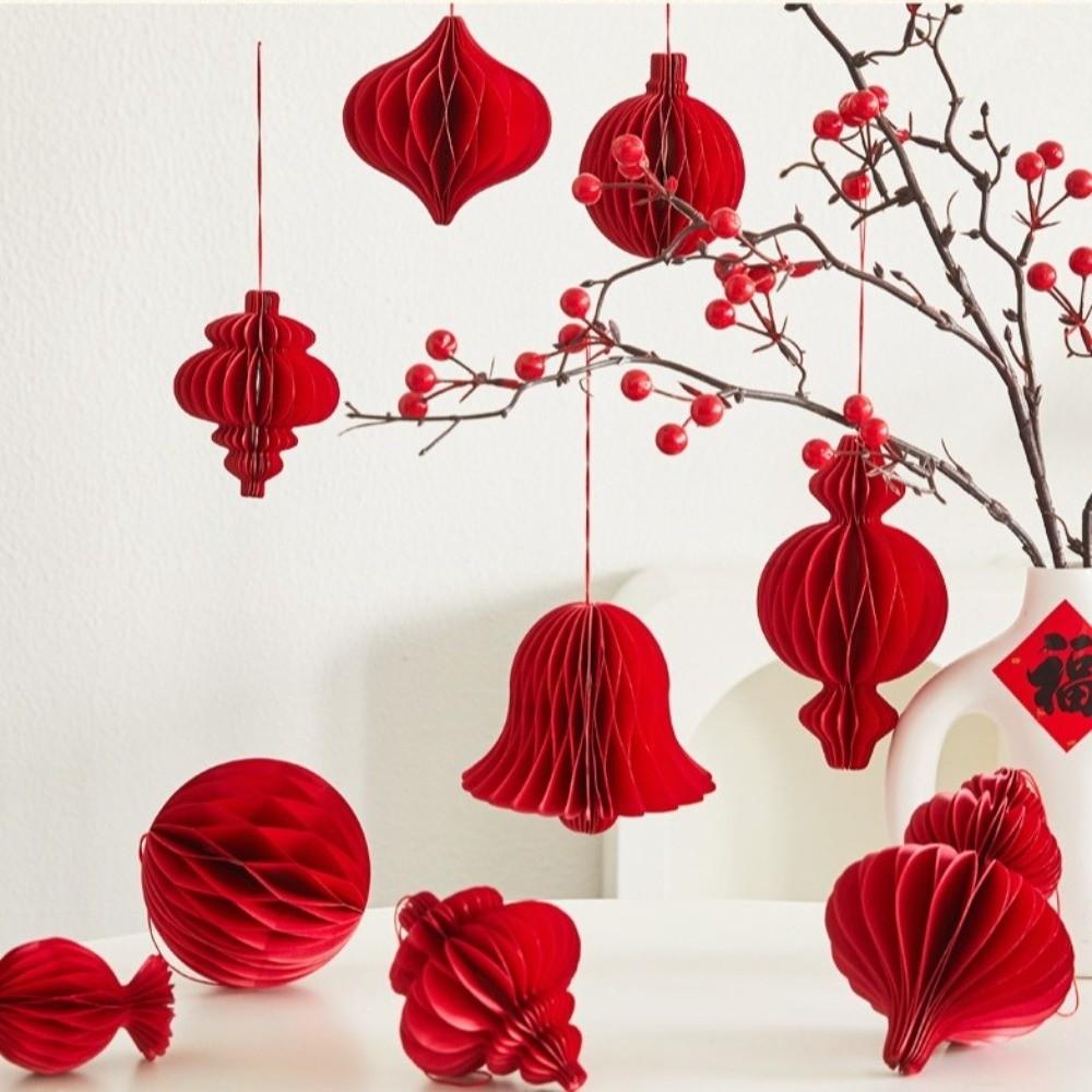 2026 Red Honeycomb New Year Decorations Paper Hanging Style Hanging Pendant with Tassel Christmas Balls New Year Eve