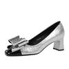 Fashion 2025 New Temperament Elegant Fashion High-heeled Shoes Women's Shoes Spring Bow Mid-heel Leather All-match Thick-heeled Shoes