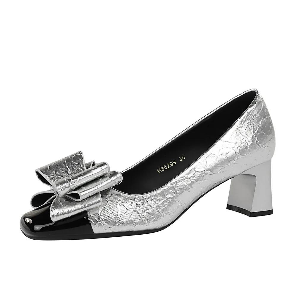 Fashion 2025 New Temperament Elegant Fashion High-heeled Shoes Women's Shoes Spring Bow Mid-heel Leather All-match Thick-heeled Shoes