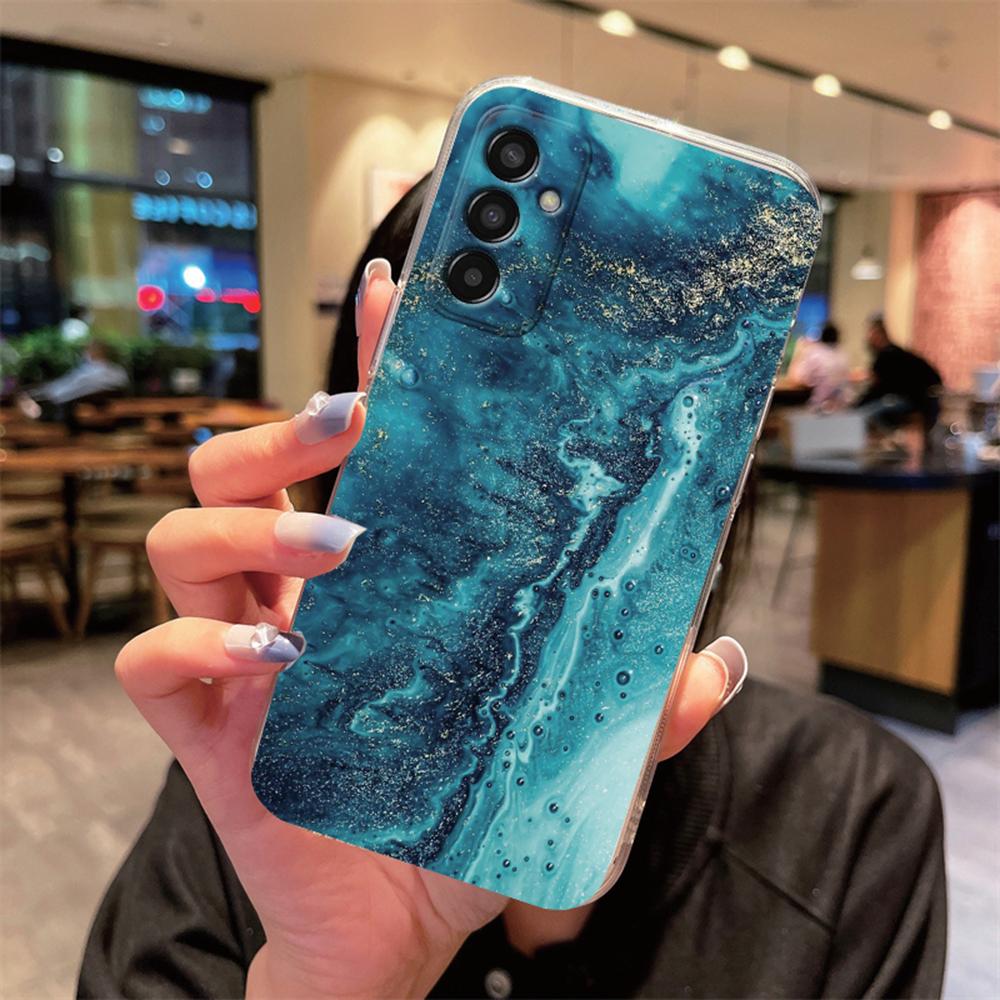 Artistic Blue Marble Black Leopard Print Phone Case For Samsung M33 M35 M34 M13 M14 M15 M53 M54 M55 M23 Clear Transparent Cover