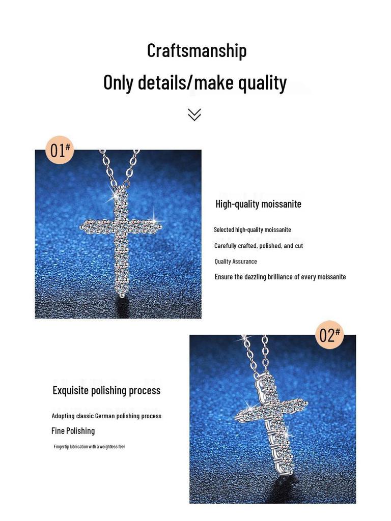 S925 Sterling Silver Moissanite Cross Necklace for Women - Elegant Full Diamond Pendant in Simple Fashion Design.