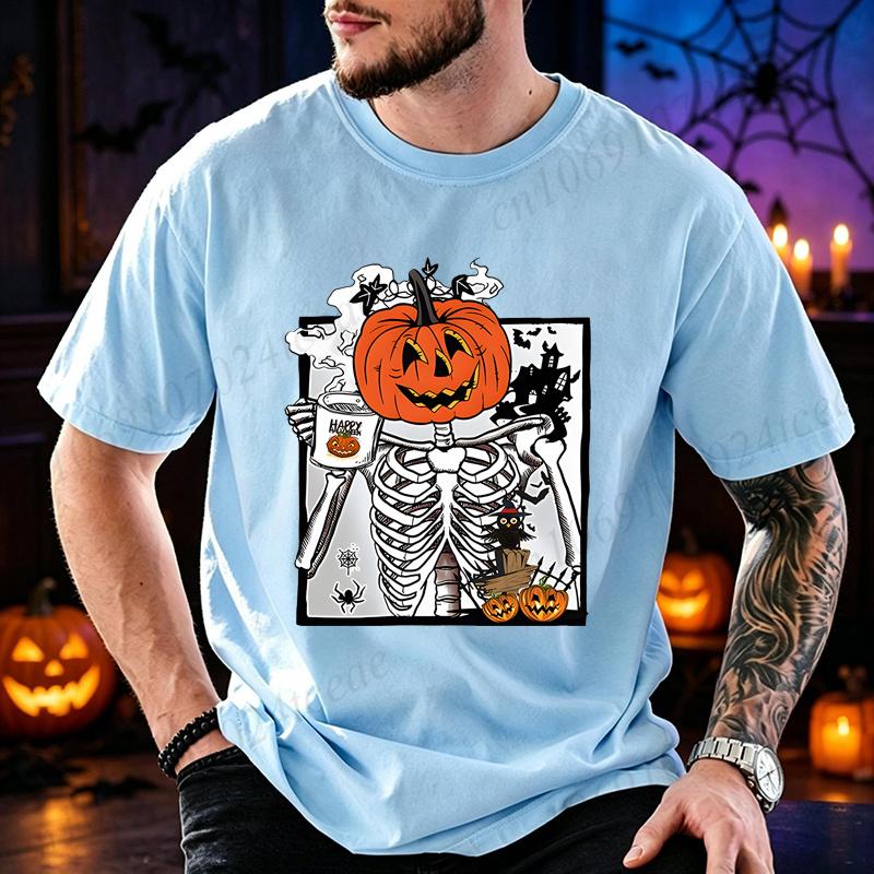Funny Pumpkin Head Skeleton Drinking Coffee Graphic T Shirt Unisex Halloween Tees Casual Summer Streetwear Family Matching Outfit