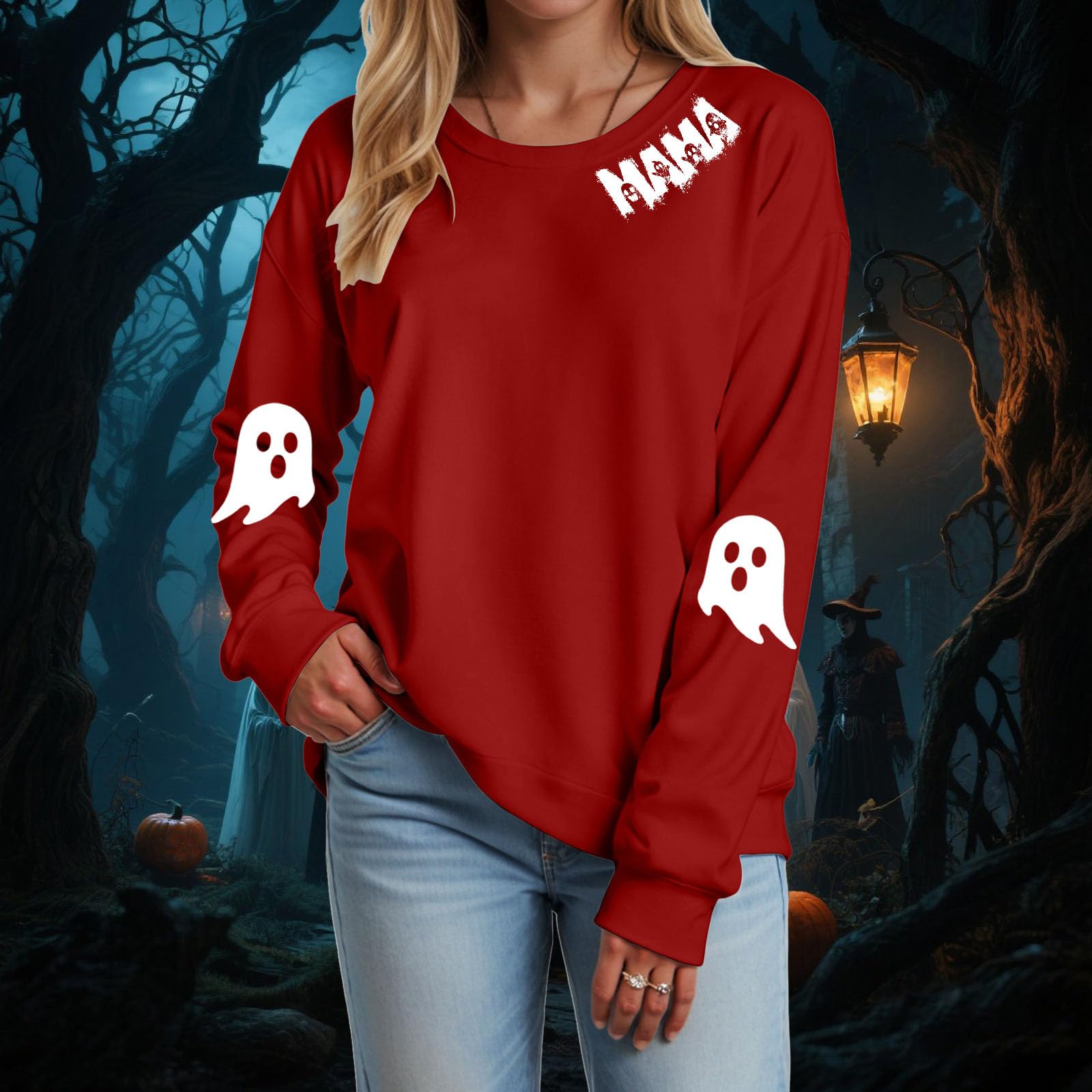 

Women s Fashion Casual Round Neck Long Sleeve Print T-shirt Top(MAMA) M красный