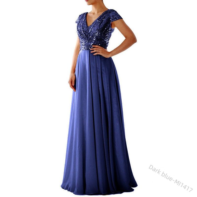

2025V Collar Glitter Chiffon Spliced Evening Gown Long Skirt Dark Blue S