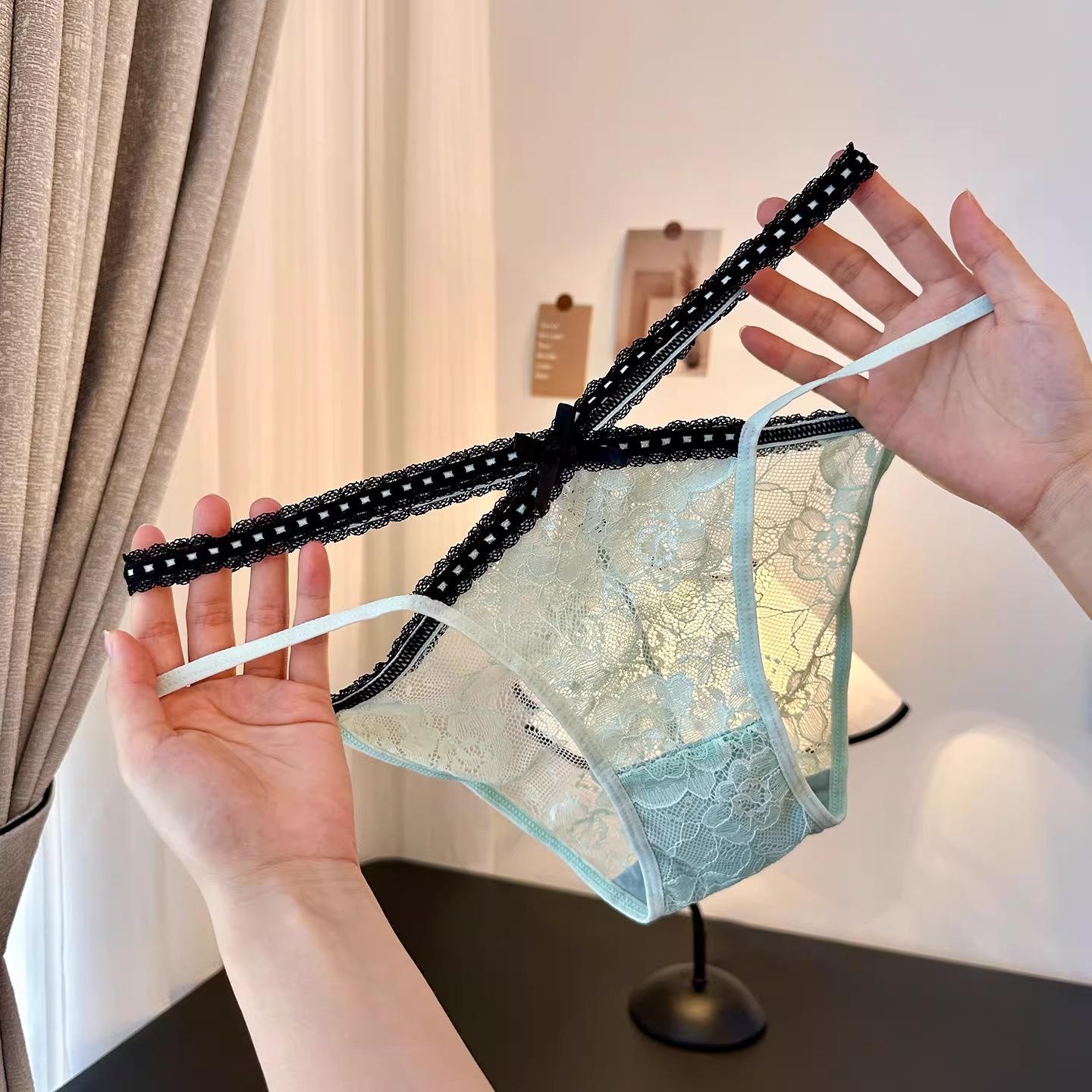 French Lace Sexy Panties - Women s Breathable Hollowed-Out Cross Design Briefs Large светло-зеленый