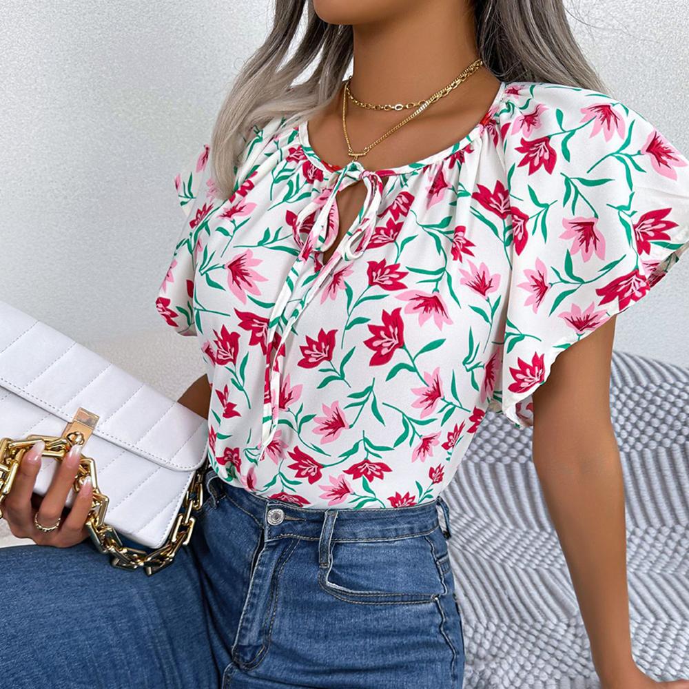 Frauen Frühling Sommer Lose Rüschen Spitze Up Chiffon Top Für Damen O Neck Fliegende Ärmel Floral Blusen