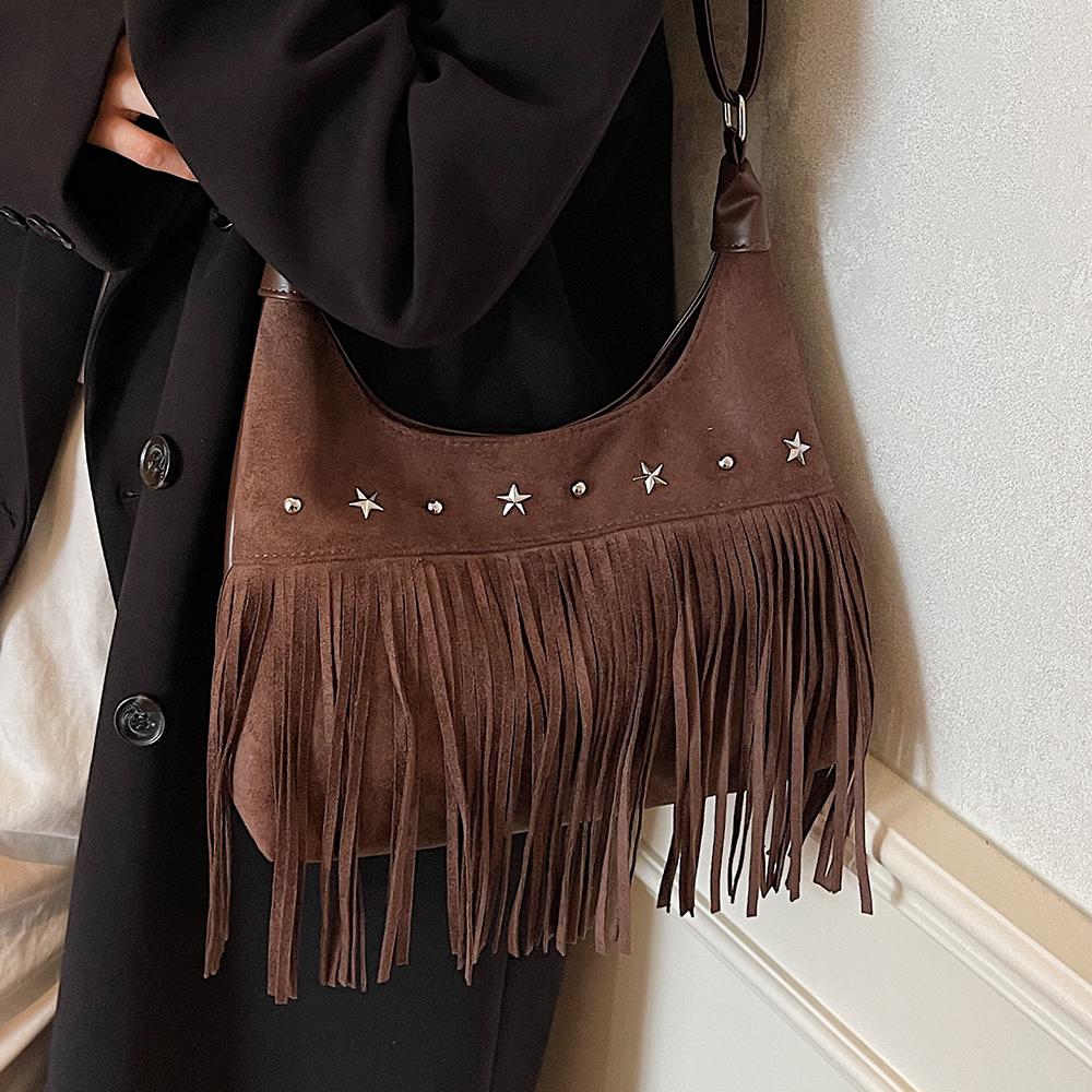 Retro Frosted Suede Tassel One Shoulder Bag Women Autumn Winter Vintage Rivet Zipper Large Capacity All-Match Crossbody Bags