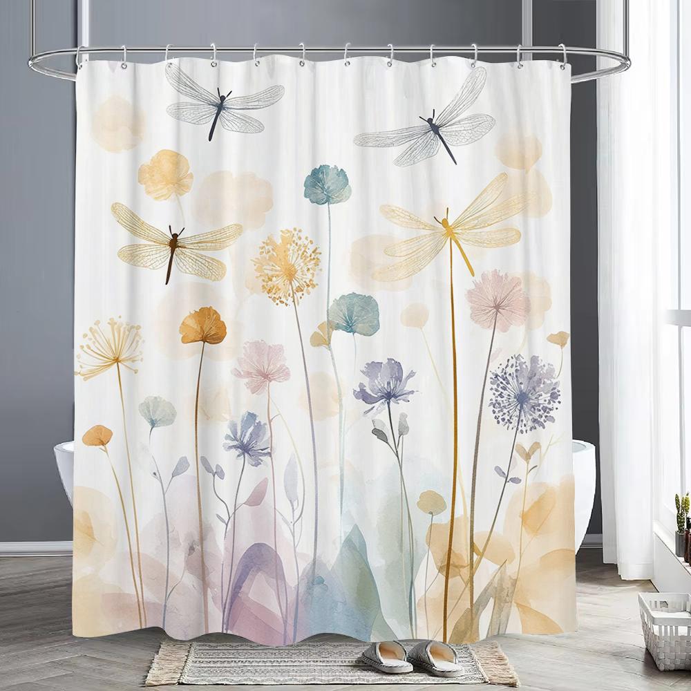 Blue Watercolor Floral Butterfly Shower Curtain, Bathroom Decorative Shower Curtain, Waterproof Shower Curtain with Hooks