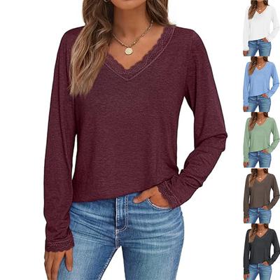 Women's Long Sleeved Lace V-neck Casual Fashion Autumn Winter T-Shirts Women’s