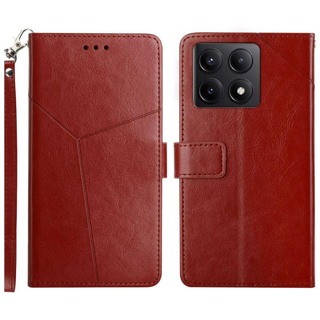 For Xiaomi 14T Case with Wrist Strap Y Shaped Lines Imprint Leather Phone Cover