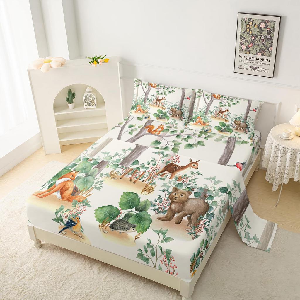 Forest Animal Fox Deer Bear Pattern Sheet Four-Piece Bedroom Room Dormitory Bedding Decoration