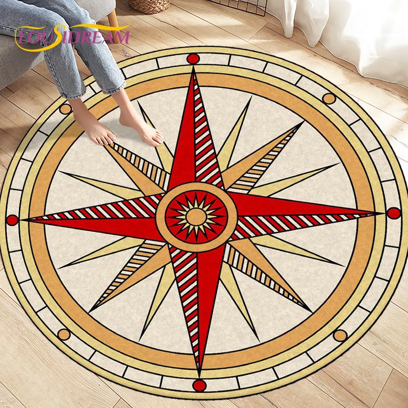 Compass Round Area Rug,Retro British Navy New World Discovery Rug,Carpets for Living Room Bedroom,Kids Play Non-slip Floor Mats